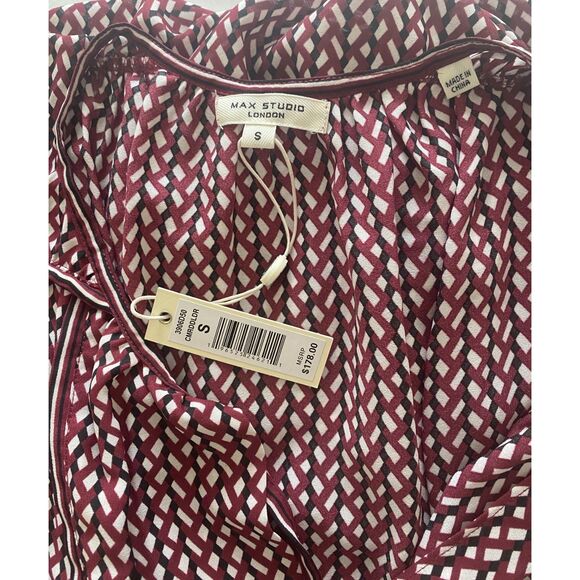 NWT Max Studio Geometric Print Tie Neck Crepe Cottagecore Boho Tier Maxi Dress S - Picture 9 of 12